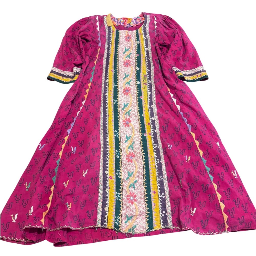 Vintage Handmade Afghan Wedding Dress Cotton‎ Magenta Bird Kuchi Embroidery M/L